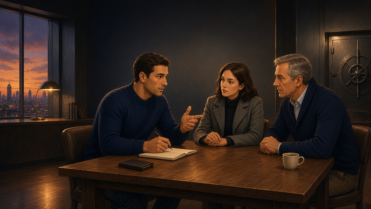 Illustration of three people discussing a plan around a table.